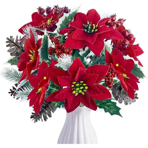 4x Künstliche Weihnachtssterne mit Tannenzweigen, Zapfen & Beeren, Rot/Grün (1/5)