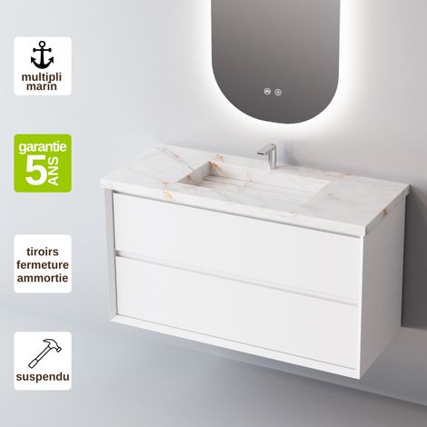 Meuble de salle de bain plan vasque Grès Cérame Blanc Storm, 2 Tiroirs,l80xh54xp45, Laqué Blanc Mat, COOL (1/5)