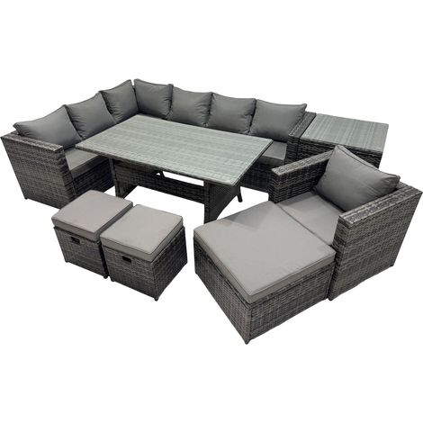 Fimous Outdoor PE Rattan Sofa Set with Dining Table Patio Garden Furniture Sets with Chair 3 Stool Side Table Dark Grey Mixed (1/5)