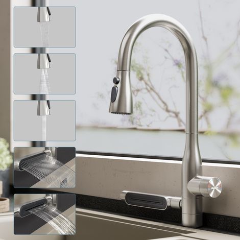 doporro Grifo de Cocina Extraíble de Diseño Giratorio 360°, Cromo Cepillado, 47 cm, 5 Tipos de Chorro, Aireador Desmontable y Manguera Flexible 150 cm, Turnix-03 (1/5)