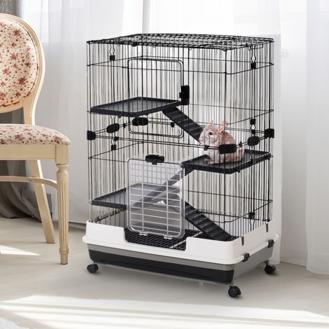 Gabbia a 3 Piani in Metallo con Vassoio per Roditori, Conigli e Furetti con 4 Ruote, 81.2x52.7x114cm, Nera (1/5)