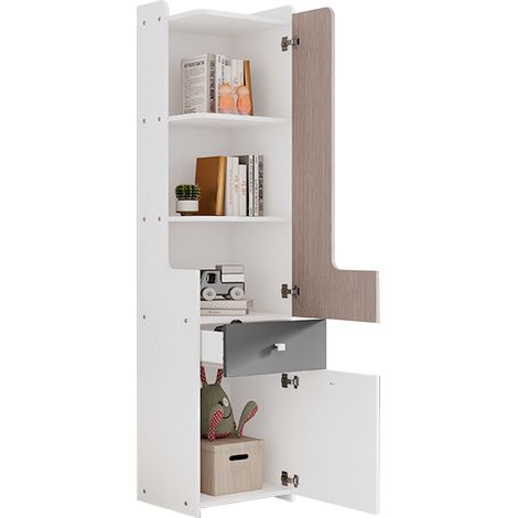 Librería Alta con 2 Estantes, 1 Cajón y Puerta en L, Estilo Moderno, en MDF, Blanco y Gris, 45×40×184 cm (1/5)