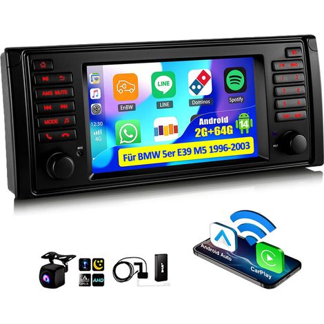 Autoradio 7" Android 14 avec Apple CarPlay, 4+64 Go de RAM, navigation GPS RDS, Wi-Fi et Bluetooth pour BMW Série 5 E39 M5 - 2+64G DAB+ CAM (1/5)