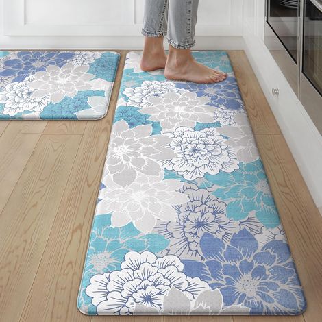 Kitchen floor mat, absorbent and non-slip PVC mat, oil-resistant, washable, long strip mat for winter entryway - Floral Blossom - White - 44751.0cm