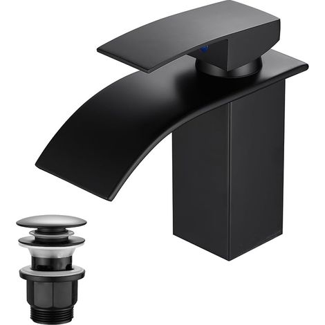 Robinet de salle de bain, mitigeur cascade pour salle de bain, mitigeur monocommande avec tuyau de raccordement G3/8 pour toilettes d'invités (hauteur de bec 80 mm, chromé) (1, noir) (1/5)