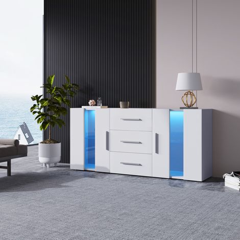 Aparador TV de MDF blanco 140 x 35 x 70 cm con 3 cajones, 2 puertas, 2 baldas extraíbles y LED USB (1/5)
