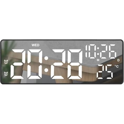 Réveil Numérique - Réveil numérique Miroir LED avec Horloge Digitale DST Date Température Luminosité Réglable,LED Blanc (Noir) (1/5)