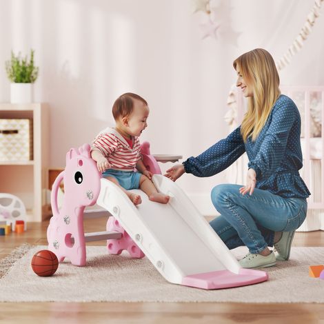Toboggan 3-en-1 enfants Forme girafe Panier basket Balle - Couleur: Rose