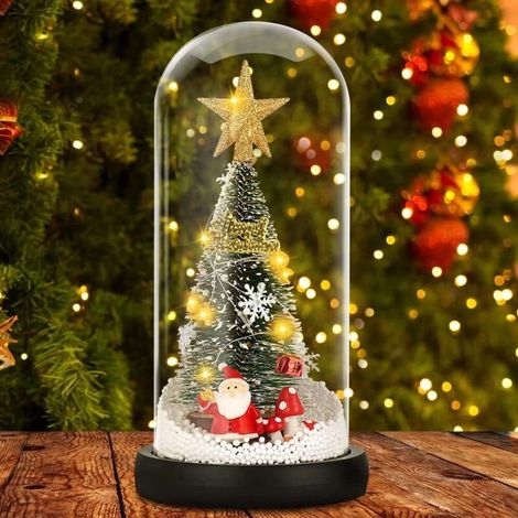 Sapin de Noël Miniature, Arbre de Noël dans Dôme de Verre, Artificiel Sisal Arbres Modèles avec Guirlandes Lumineuses à LED, Mini Arbre de Noël pour Décoration Noël, Cadeau de Noël pour Famille, Amis