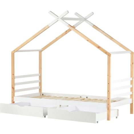 Lit cabane 90x200 cm enfant avec tiroirs pin bois blanc sommier