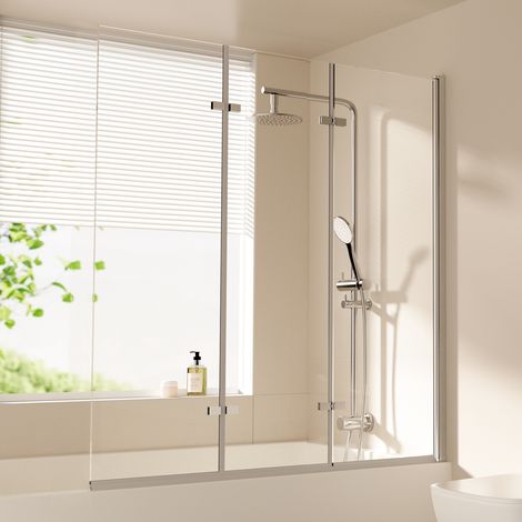 EMKE Badewannenaufsatz 120x140 cm Chrom, 3-teilige Duschwand für Badewanne faltbar, Hebe-Senkfunktion, 6mm Nano-Sicherheitsglas