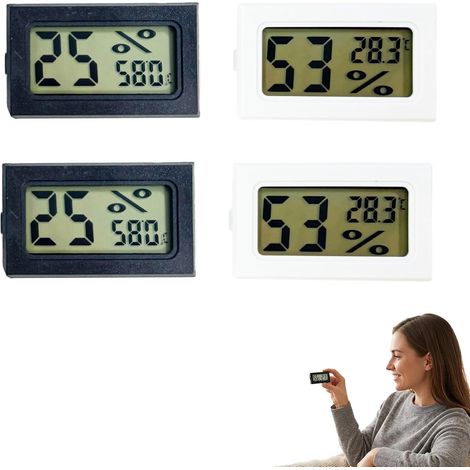 Mini termómetro higrómetro digital, juego de 4 con pantalla LCD, 2 negros y 2 blancos, mide la temperatura y la humedad para terrarios, jaulas de mascotas, invernaderos, oficinas y hogares. (1/5)