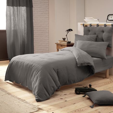 Housse de couette gaze de coton Bio 140x200 cm 1 personne Gris anthracite