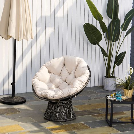 Outsunny Fauteuil rond de jardin papasan pivotant, Ø97x90cm, grand coussin polyester inclus, résine tressée, crème
