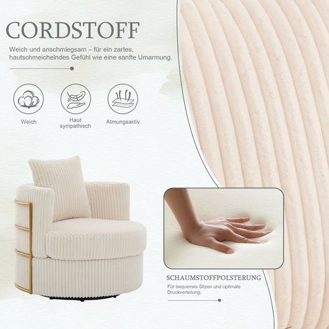 Sillón giratorio de 360° de pana con reposabrazos acolchados de espuma suave de alta densidad y espacio de almacenamiento bajo el asiento ideal para dormitorios y salas de estar (pana beige). (1/5)