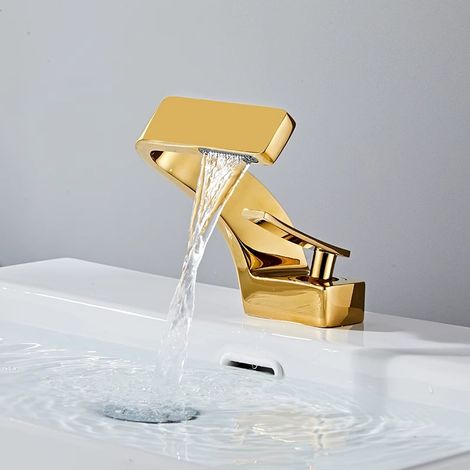 Robinet de lavabo tout cuivre, design luxueux doré avec effet cascade créatif, robinet monotrou pour lavabo, eau chaude et froide. (1/5)