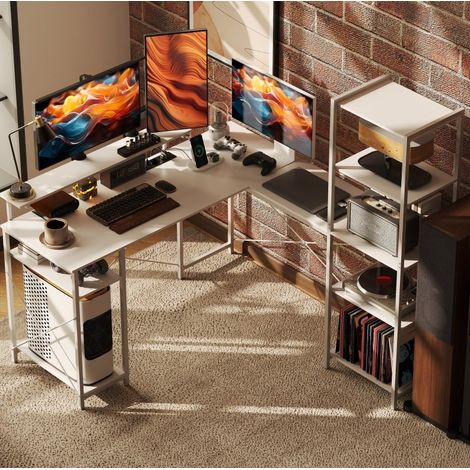 Bureau gaming d'angle en L avec étagère, station de charge, blanc DESVIAE (1/5)