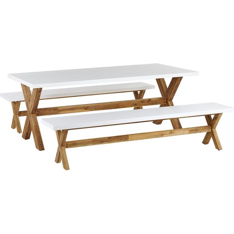 Conjunto comedor de jardín de cemento y madera blanco mesa + 2 bancos Olbia