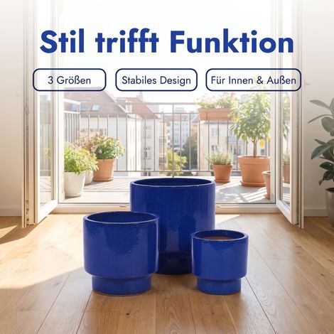 Lot de 3 — Grand cache-pot en céramique bleu, résistant au gel et aux intempéries (1/5)