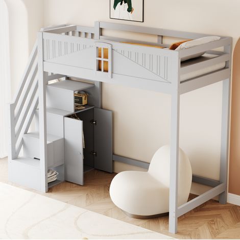 Letto a soppalco in legno massello grigio 90x200 cm con pannelli di sicurezza, finestra, scala reversibile e ripiani laterali