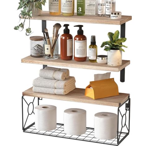 Lot de 3 Étagère Murale Bois avec Panier de Rangement en Fil métallique pour Salle de Bain/Cuisine (1/5)