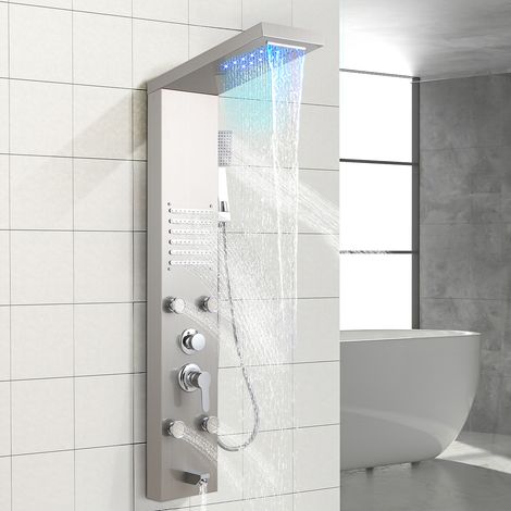 Jiubiaz Pannello doccia 5 in 1 in acciaio inox argento con LED, pioggia, cascata, massaggio, bocca vasca e doccetta (1/5)