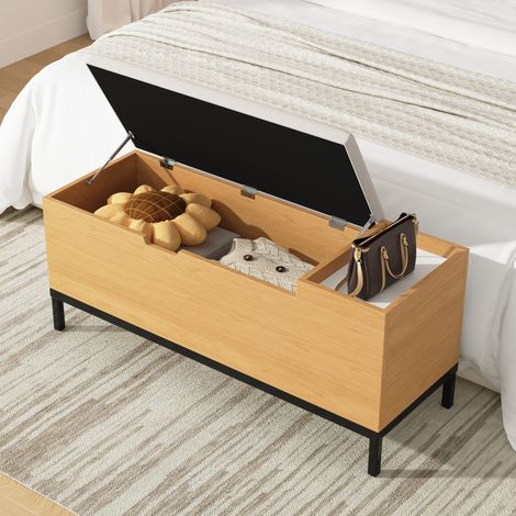 Banc de rangement 115x40x49.5cm - coussins en lin - avec étagères - MDF - Naturel + Gris (1/5)