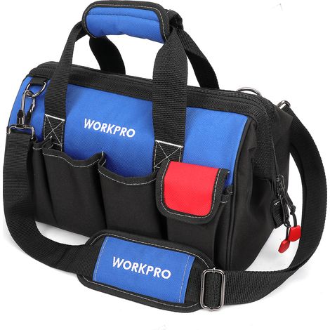 Workpro – Sac à outils multi poches 35 x 25 x 19 cm – Capacité 12kg – Pour électricien, menuisier, maçon – Stabilité renforcée avec supports plastiques