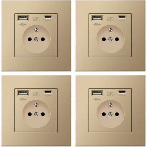 Lot de 4 prises murales avec USB et Type-C, 5 V 2,1 A, prise USB encastrée standard UE, multiprise France, 110-250 V (Doré) (1/4)