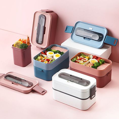 GABRIELLE Isolierte Lunchbox, Bento-Lunchbox-1600 ml, Lunchbox mit Besteck, auslaufsichere Bento-Box mit 2 Fächern, Lunchbox aus Kunststoff für erwachsene Kinder, Büro, Schule oder Picknick, Pink