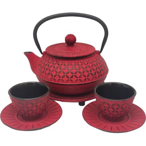 Set teiera in ghisa da 0,6 l, rosso, con 2 bicchieri e 2 sottobicchieri