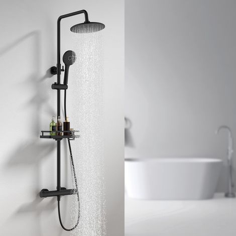 Sistema doccia con termostato e ripiano nero, miscelatore completo con soffione rotondo, doccetta ABS 3 getti, sicurezza 38 °C, set doccia moderno per bagno (1/5)