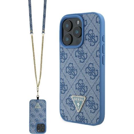 Funda rígida de cuero azul/azul con logo metálico y correa cruzada Guess GUHCP16LP4TDSCPB para iPhone 16 Pro de 6,3 pulgadas con correa cruzada y correa de strass. (1/5)