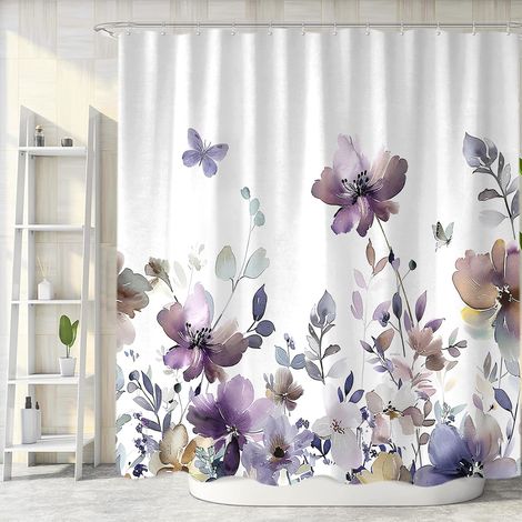 Rideau de douche à motif floral violet, mignon, aquarelle, fleurs sauvages, feuilles, papillon en tissu blanc pour décoration de salle de bain avec crochets, 152,4 x 182,9 cm, décoration de (1/5)