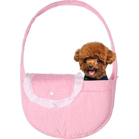Borsa a tracolla per animali domestici - Cani di piccola taglia - Borsa traspirante in cotone per cani o gatti con scomparto portaoggetti - Mani libere - Tracolla a tracolla - Viaggio - Rosa chiaro -  (1/4)