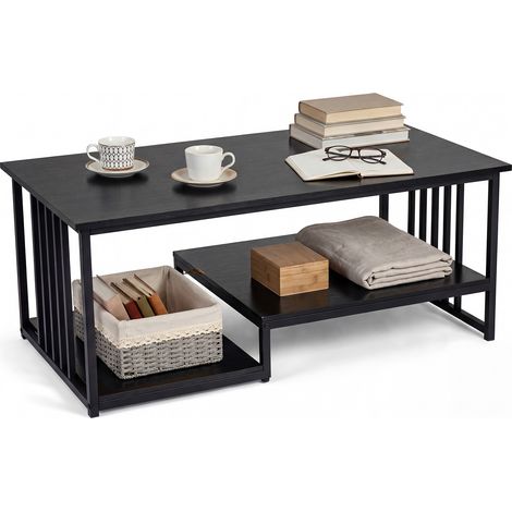 Table Basse Rectangulaire avec 2 Étagères de Rangement et Cadre Métallique, Table d'Appoint 110 x 60 x 45 cm, pour Salon Bureau, Noir