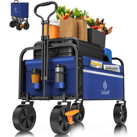 KESSER® Bollerwagen faltbar Handwagen Transportkarre Gerätewagen inkl. 2 Netztaschen & Cover klappbar PVC-Reifen bis 80 kg Tragkraft Blau/Navy (1/5)