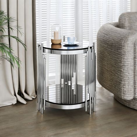 Bout de Canapé Rond en Verre Trempé et Inox - 45x45x55cm - Table d'Appoint Design avec 2 Étagères - Noir et Argent (1/5)