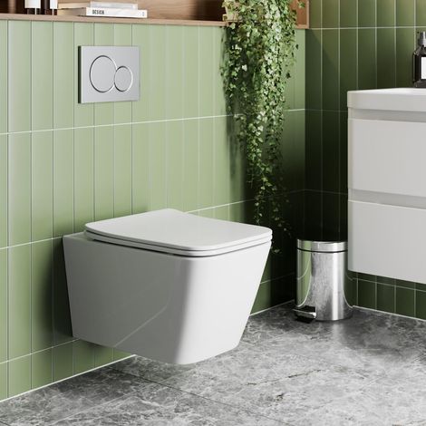 Modern Bathroom Wall Hung Rimless Toilet Pan Soft Close Square Seat Gloss White (1/4)