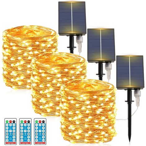 Set of 3 Outdoor Solar String Lights, 12 m 100 LED Waterproof Copper Wire, 8 Lighting Modes Ideal for Garden, Balcony, Terrace, Yard, Wedding, Party (Warm White) (1/5)