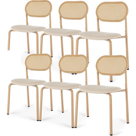 Lot de 6 chaises de salle à manger, avec dossier en rotin tressé, design ergonomique, siège rembourré, pieds réglables, convient pour la salle à manger et le salon - Bois naturel