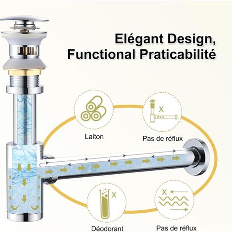 Bonde de lavabo escamotable avec siphon réglable G1/4 fileté, avec trop-plein et anti-odeurs, kit complet pour rénovation de salle de bain - Chrome argenté (1/3)