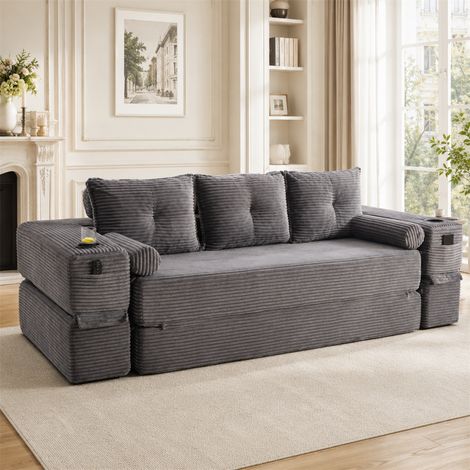 Canapé Convertible 3 Places - 232x98x80cm - Chauffeuse Pliante en Velours Côtelé avec Ressorts, Porte-Gobelet - Gris Foncé (1/5)