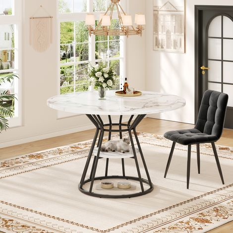 MEUBLIV Table ronde 100 cm noire – plateau effet marbre, rangement central (1/5)