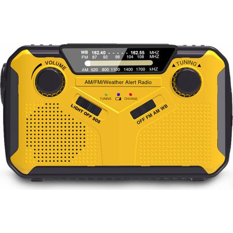Radio portátil con dinamo, radio solar AM/FM con manivela, funciona a batería con batería externa de 2500 mAh, linterna LED, alarma SOS y altavoz, ideal para senderismo y actividades al ai (1/5)
