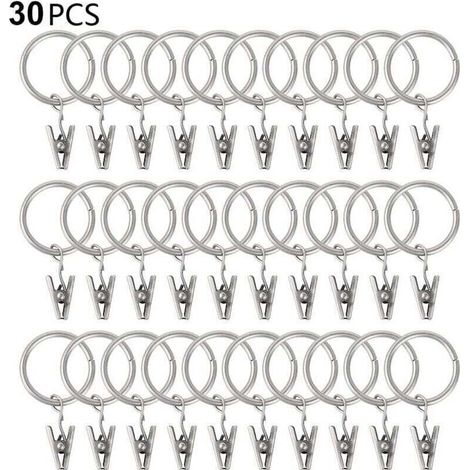 30 Gardinenringe mit Clips, stabile Gardinenclips, Haken an Spannstangenhalterung, Metallösen mit Innendurchmesser, dekorative Gardinenaufhänger, silberfarben (1/5)