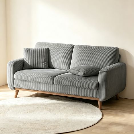 Grand Canapé droit 2/3 places en velours côtelé Gris – Dimensions 172x84x86cm – Structure en bois massif – Garnissage mousse haute résilience-Tapis beige offre (1/4)