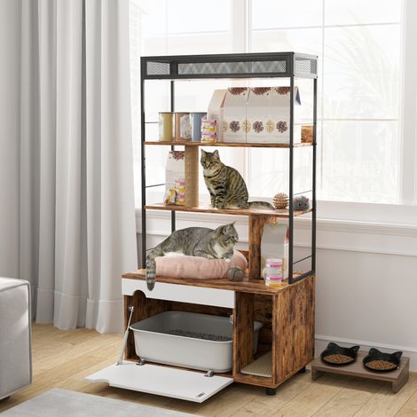 Mobile per lettiera per gatti 80x48x152 cm in legno marrone con ripiani salvaspazio (1/5)