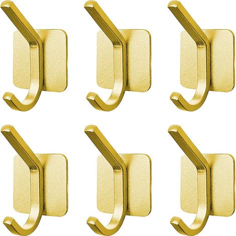 Juego de 6 ganchos adhesivos de pared, de aluminio impermeable, color dorado, para baño y cocina. (1/5)
