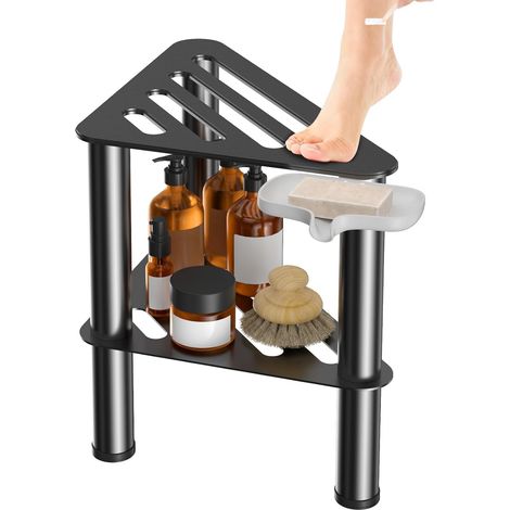 Tabouret de Douche d'angle en métal avec Porte-Savon intégré, antirouille, Repose-Pieds pour se raser sous la Douche, Petit Tabouret avec étagère de Rangement, antidérapant (Noir) (1/5)